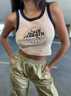 front view of model wearing Princess Polly Black Sabbath Tank Top Brown 