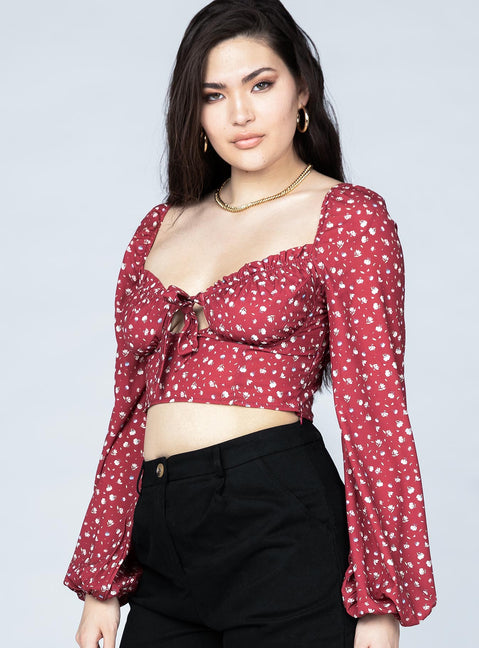 side view of model wearing Princess Polly Alex Top Burgundy Floral 