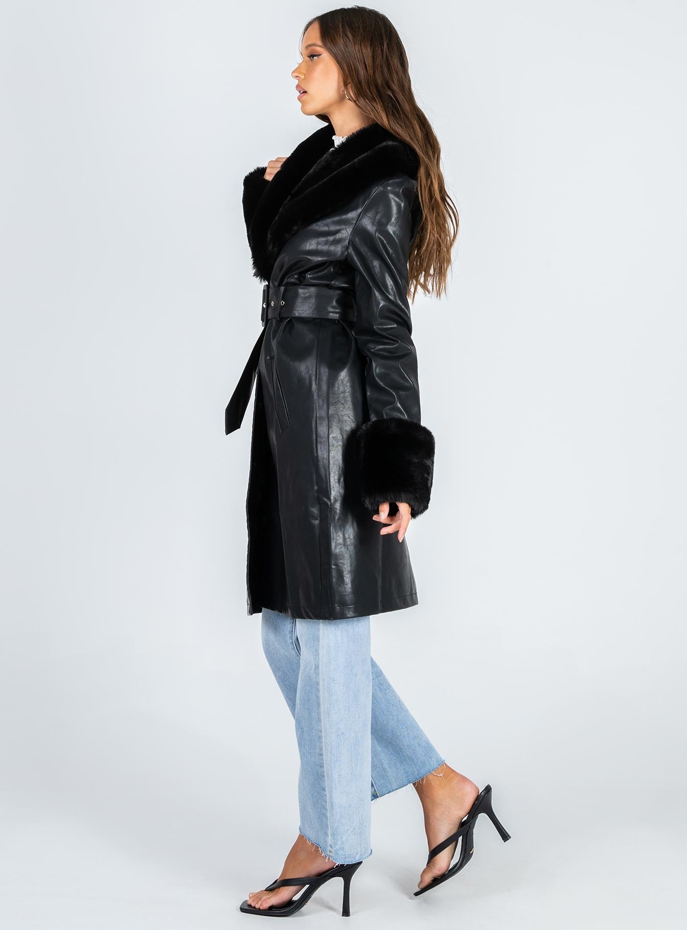 Faux leather sale long jacket