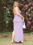 side view of model wearing Princess Polly Lovesick Mesh Ruched Maxi Dress Lilac 