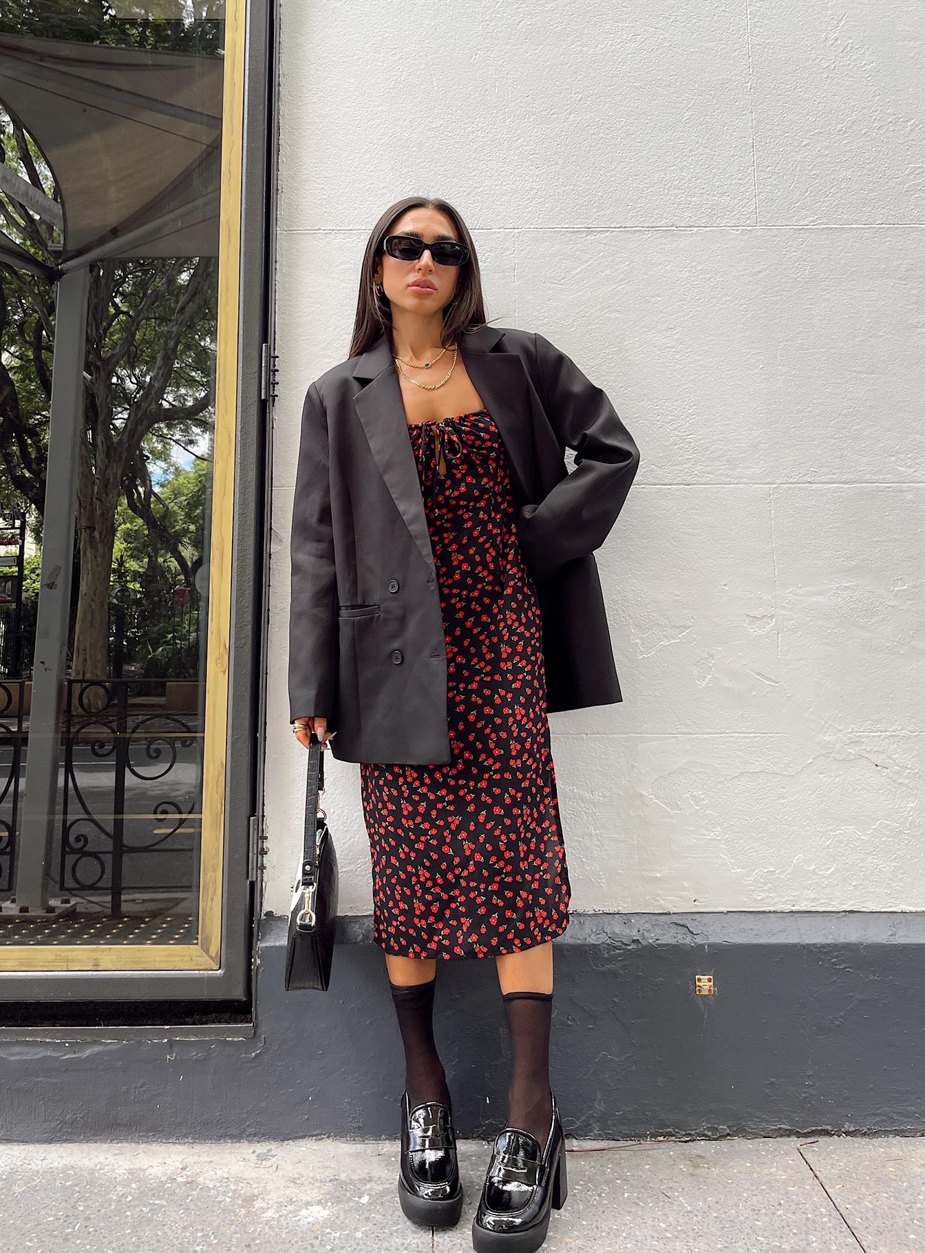 front view of model wearing Princess Polly Noda Midi Dress Black/Red 