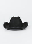 Cowboy hat Faux felt material  Adjustable chin strap  Semi-stiff brim  OSFM 