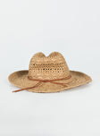 Cowboy hat Woven straw Curved wide brim  Internal adjustable drawstring Mouldable brim shape Bead detail