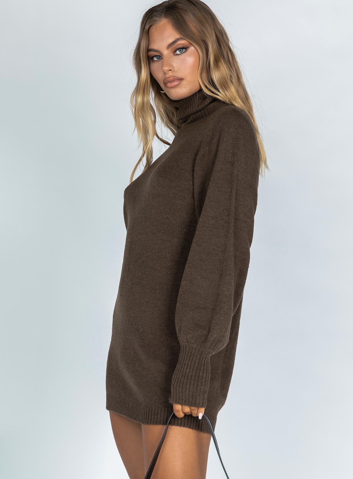 side view of model wearing Princess Polly Zahara Mini Dress Brown 