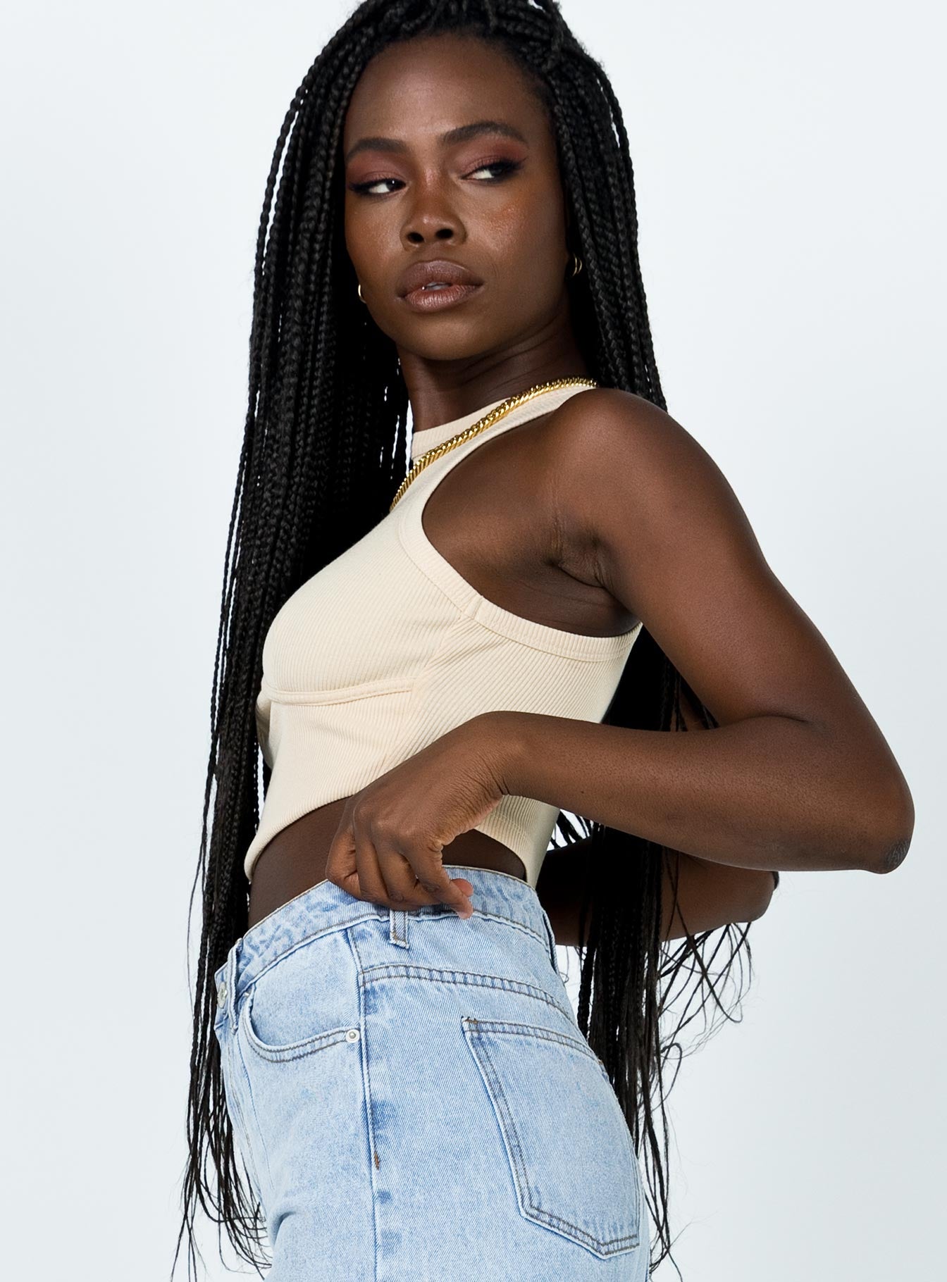 side view of model wearing Princess Polly Audrina Top Beige 