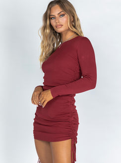 side view of model wearing Princess Polly Military Minds Long Sleeve Mini Dress Plum 