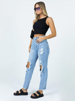 back view of model wearing Princess Polly Paola Straight Leg Denim Jeans High Waisted 