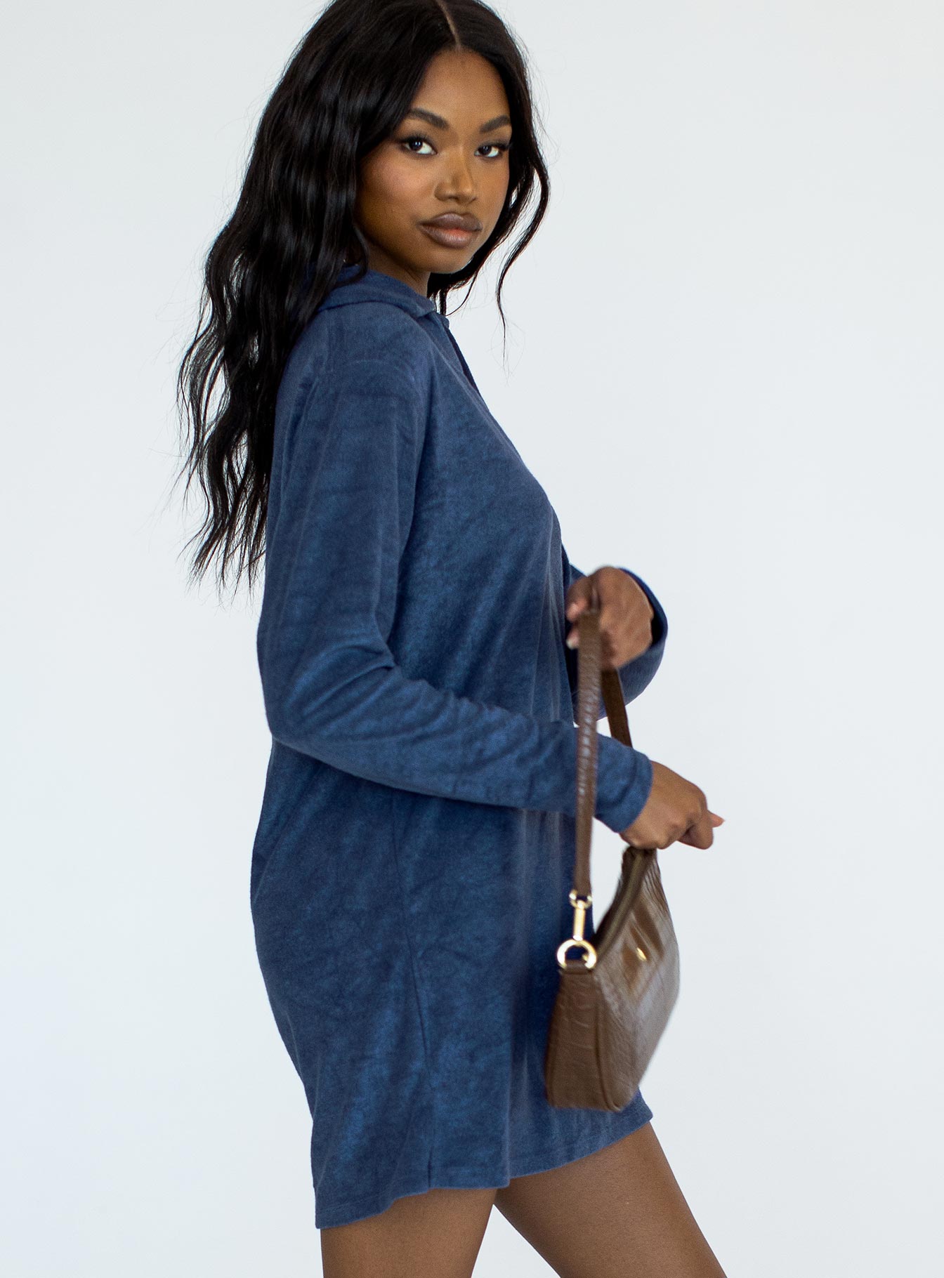 side view of model wearing Princess Polly Farah Mini Dress Navy 