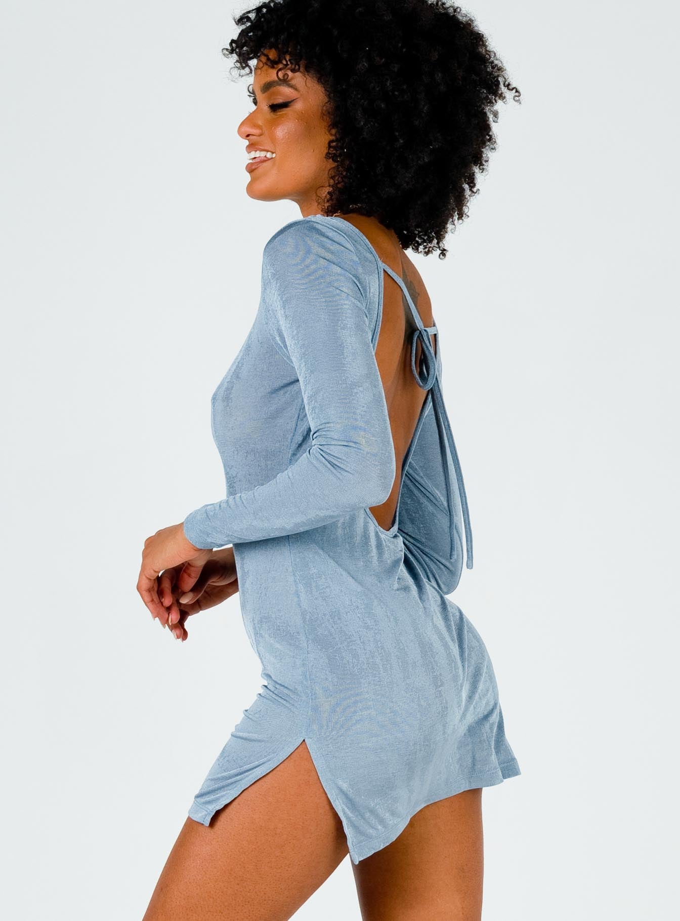 side view of model wearing Princess Polly Montana Mini Dress Dusty Blue 