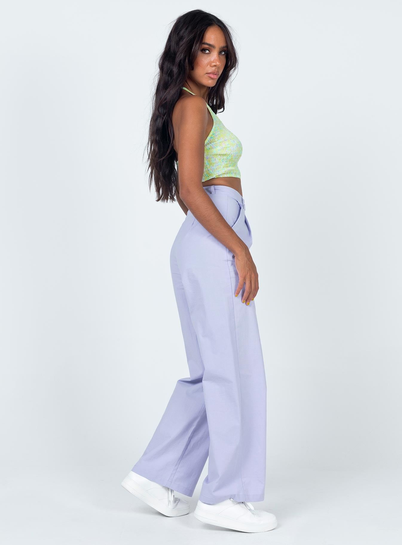 side view of model wearing Princess Polly Dalia Pants Purple 