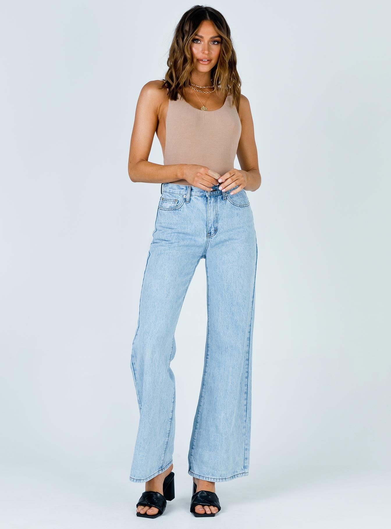 front view of model wearing Princess Polly Yolando Bodysuit Beige Sleeveless Scoop Neck 