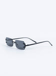Sunglasses Frameless Black tinted lenses Slim arms Silicone nose pads