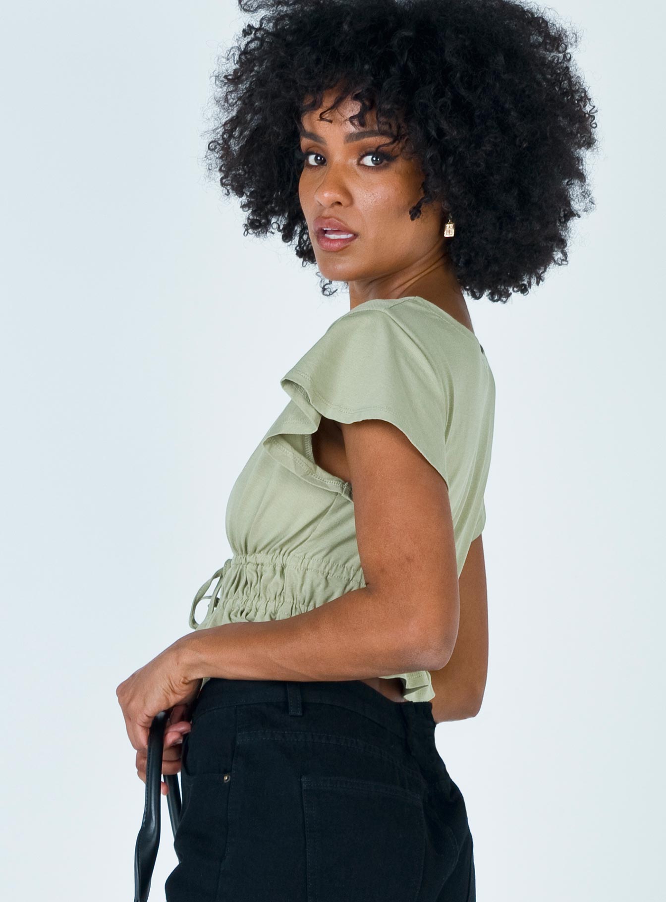 side view of model wearing Princess Polly Jamison Reid Crop Top Khaki 