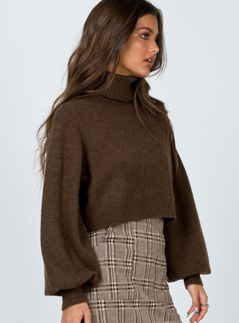 back view of model wearing Princess Polly Zahara Cropped Turtleneck Sweater Brown Cropped 