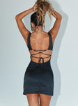 Mini dress Silky material Square neckline Thick straps Adjustable lace-up back with zip fastening Low back