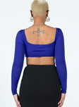 back view of model wearing Princess Polly Rogers Long Sleeve Top Blue Full Sleeves Square Neck 