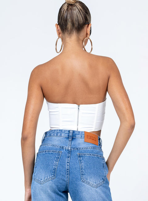 back view of model wearing Princess Polly Altona Strapless Top White Sleeveless Sweetheart 