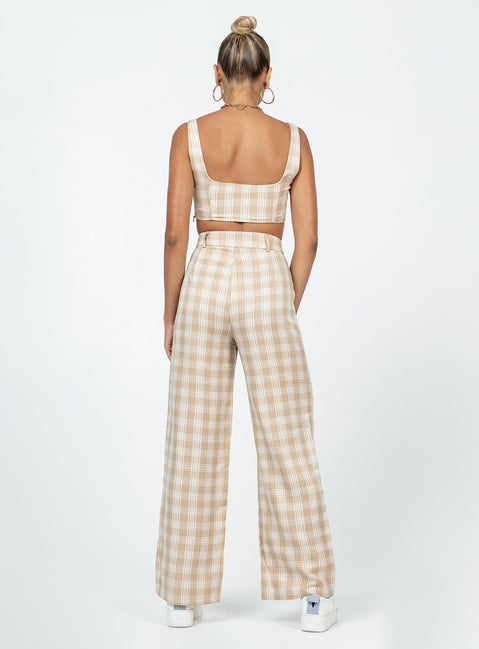 Matching set Check print Crop top Invisible zip fastening at side High waisted pants Wide leg Belt looped waist Zip & button fastening