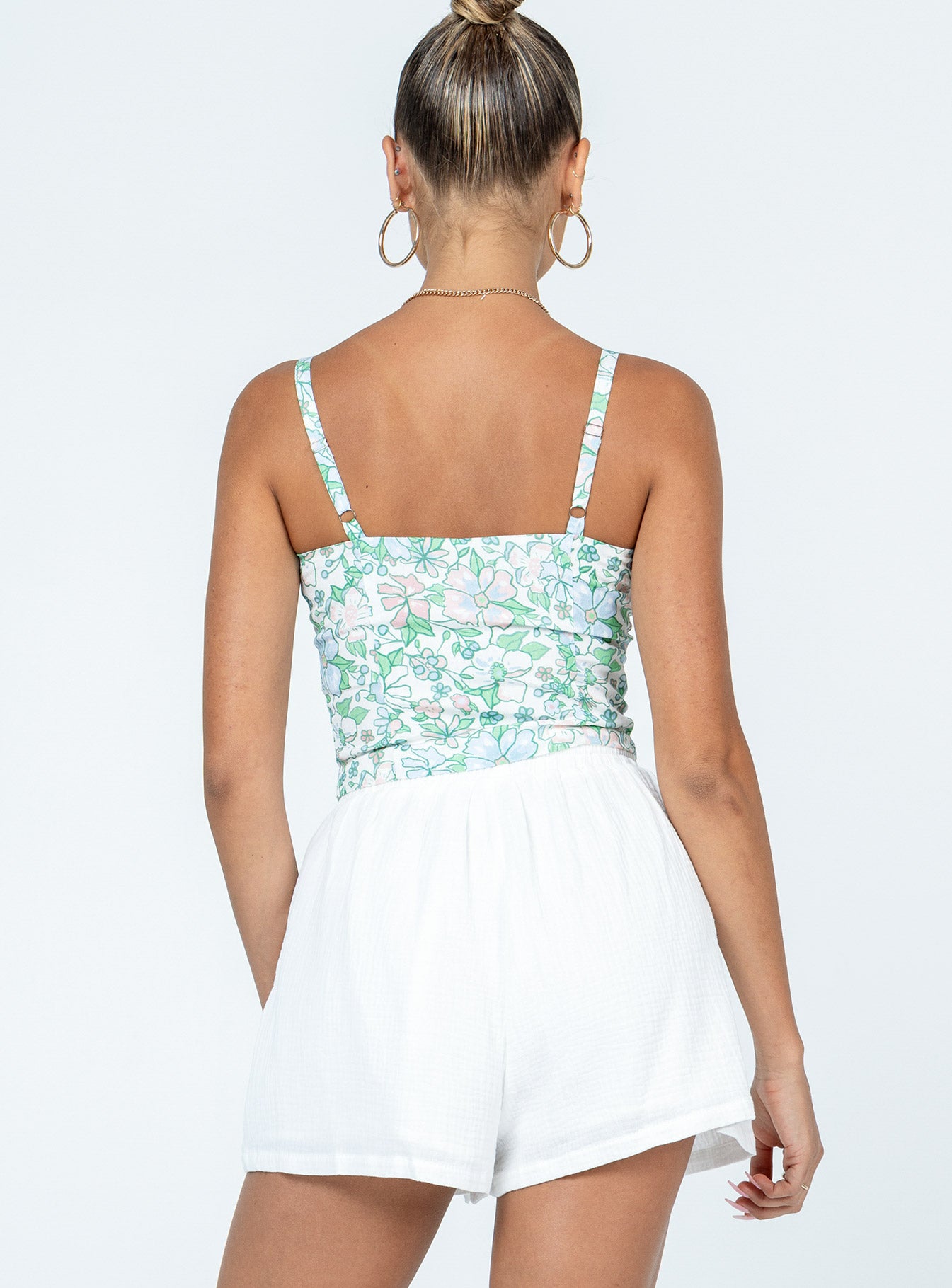 back view of model wearing Princess Polly Kahlil Shorts White High Waisted Shorts 