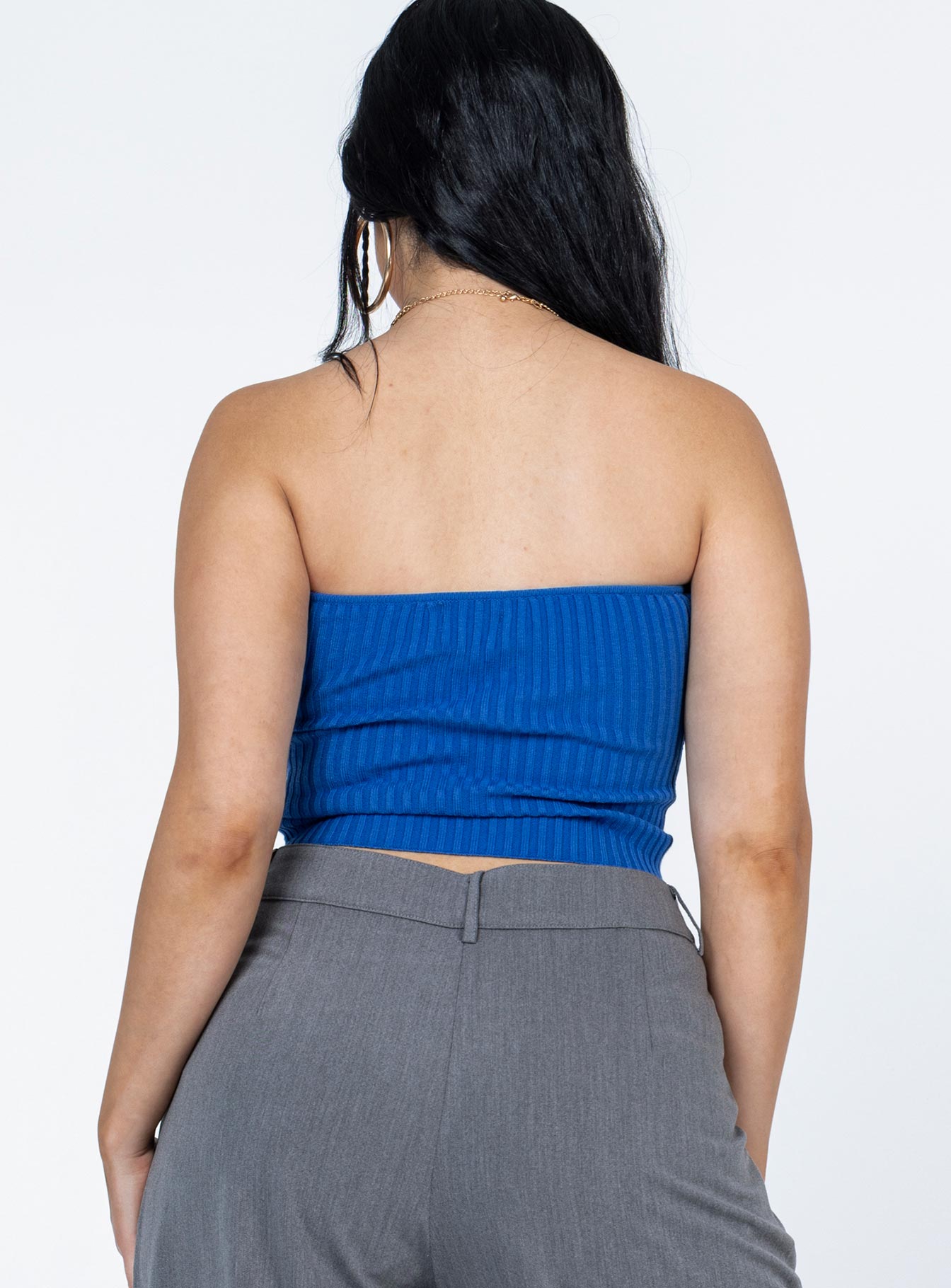 back view of model wearing Princess Polly Royce Strapless Top Blue Sleeveless 