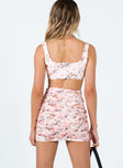Matching set Mesh material  Floral print  Corset top  Boning throughout  Zip fastening at back of top High waisted mini skirt  Ruched sides  Invisible zip fastening at back of skirt