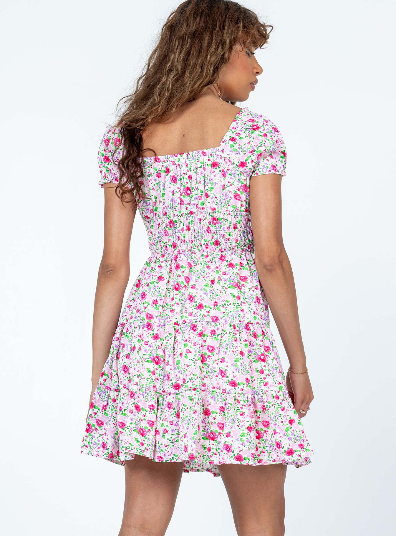 back view of model wearing Princess Polly Daniela Mini Dress Floral Sweetheart Neckline 