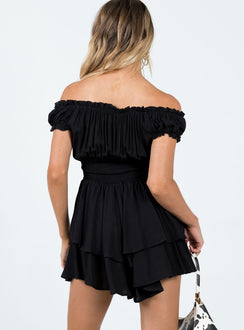 Romper Elasticated shoulders & neckline  Can be worn on or off the shoulder  Gathered bust  Boning through waist  Shirred back panel  Layered bottom 