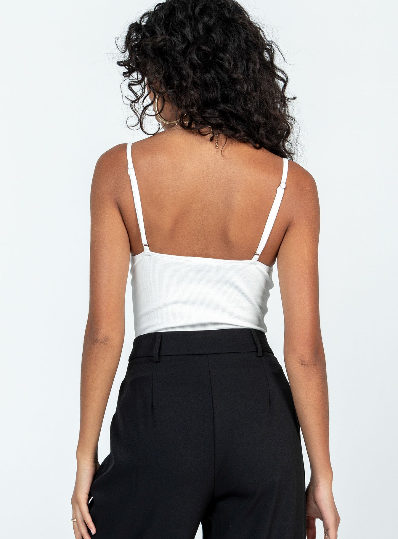 back view of model wearing Princess Polly Allred Bodysuit White Sleeveless Square Neck 
