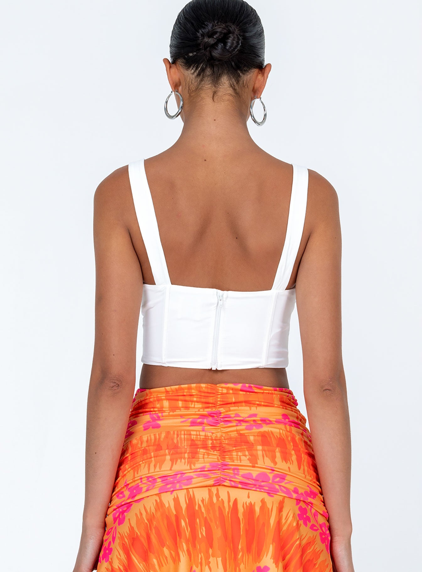 back view of model wearing Princess Polly Alexandira Top White Sleeveless Square Neck 