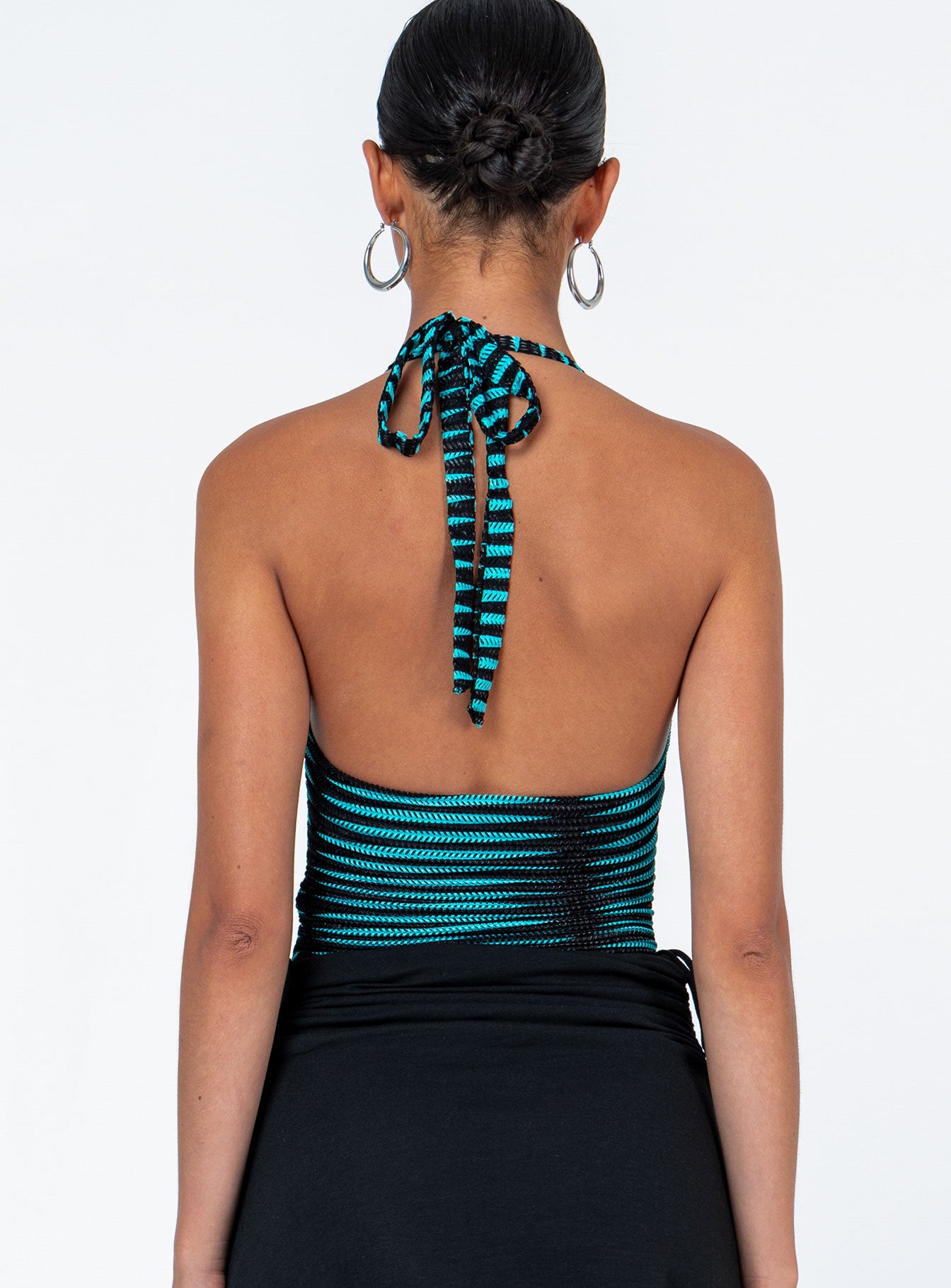 back view of model wearing Princess Polly Denair Bodysuit Blue / Black Sleeveless Scoop Neck 