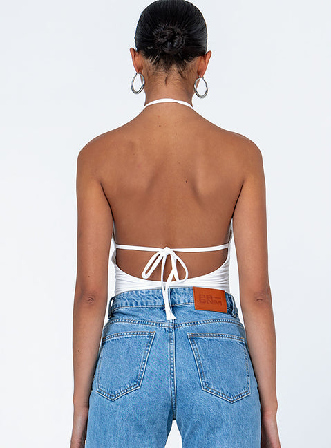 back view of model wearing Princess Polly Ellamay Bodysuit White Sleeveless Asymmetric Neckline 