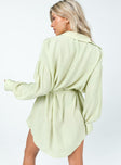 back view of model wearing Princess Polly Bilari Textured Fabric Shirt Dress Green V-Neck 