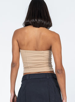 back view of model wearing Princess Polly Noela Top Beige Sleeveless Square Neck 