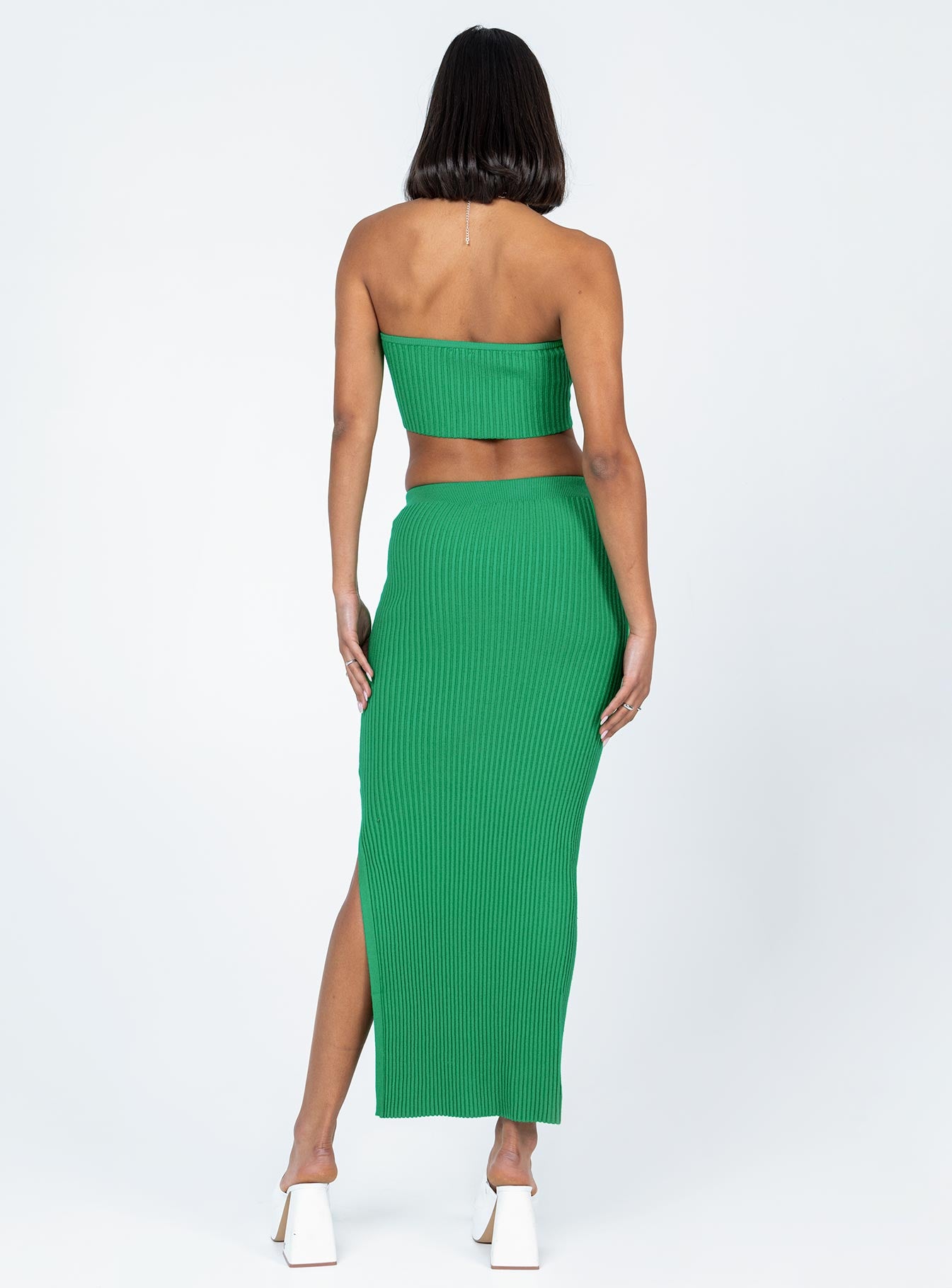 Matching set Knit material  Strapless crop top  High waisted midi skirt  High side slit 