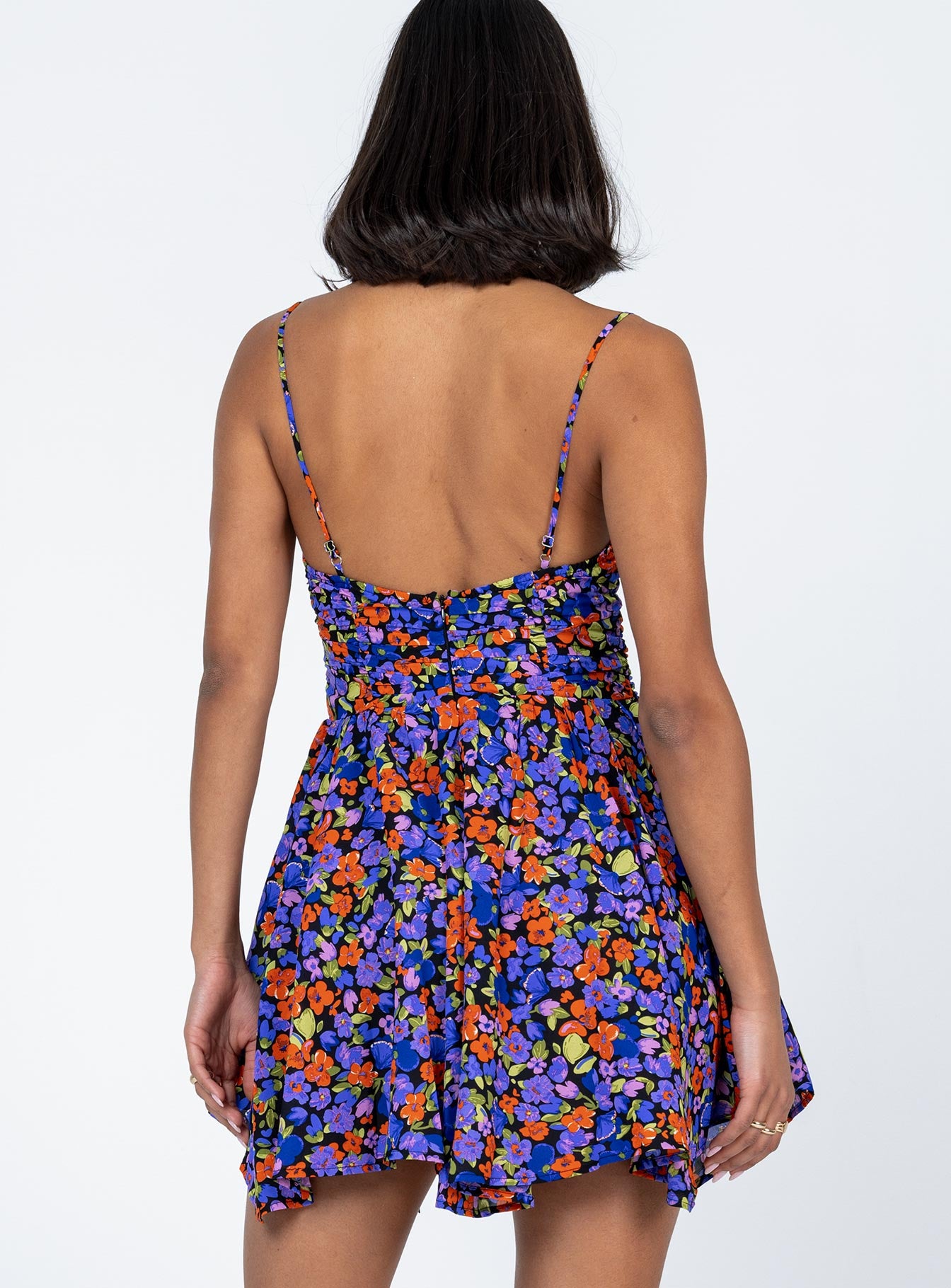 back view of model wearing Princess Polly Barrett Mini Dress Dark Floral Sweetheart Neckline 