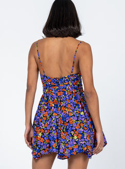 back view of model wearing Princess Polly Barrett Mini Dress Dark Floral Sweetheart Neckline 