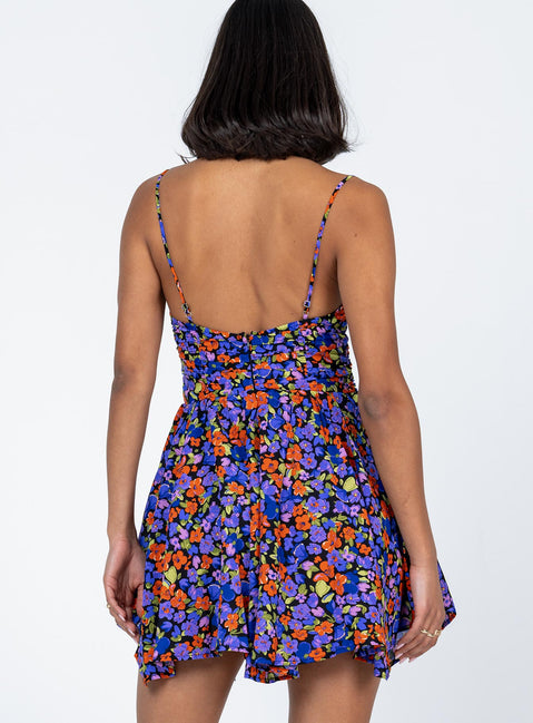 back view of model wearing Princess Polly Barrett Mini Dress Dark Floral Sweetheart Neckline 