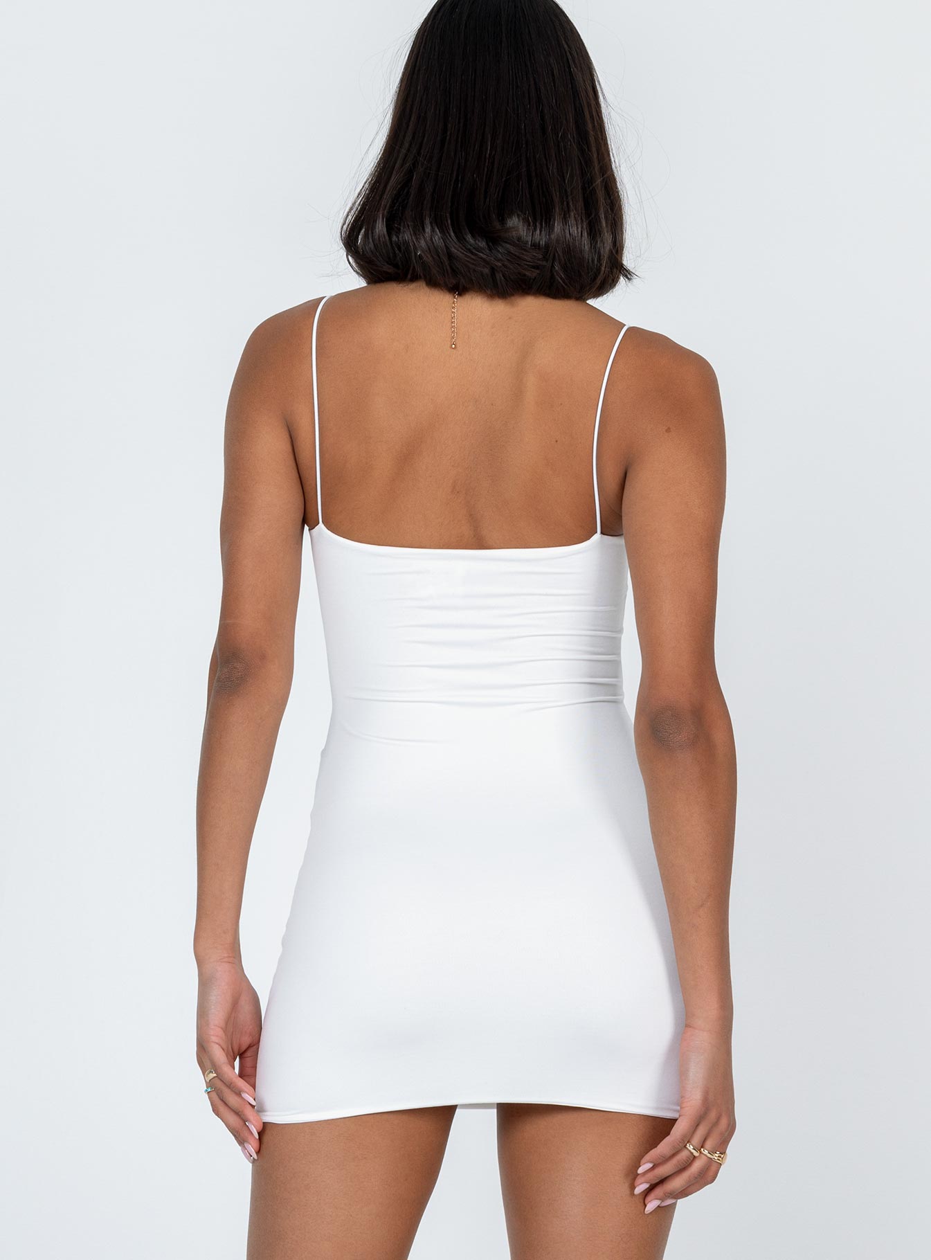 back view of model wearing Princess Polly Dreamland Mini Dress White Sweetheart Neckline 