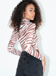 back view of model wearing Princess Polly Untamed Long Sleeve Top Brown / White 