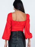 back view of model wearing Princess Polly Laura Bodysuit Red Full Sleeves Square Neck 