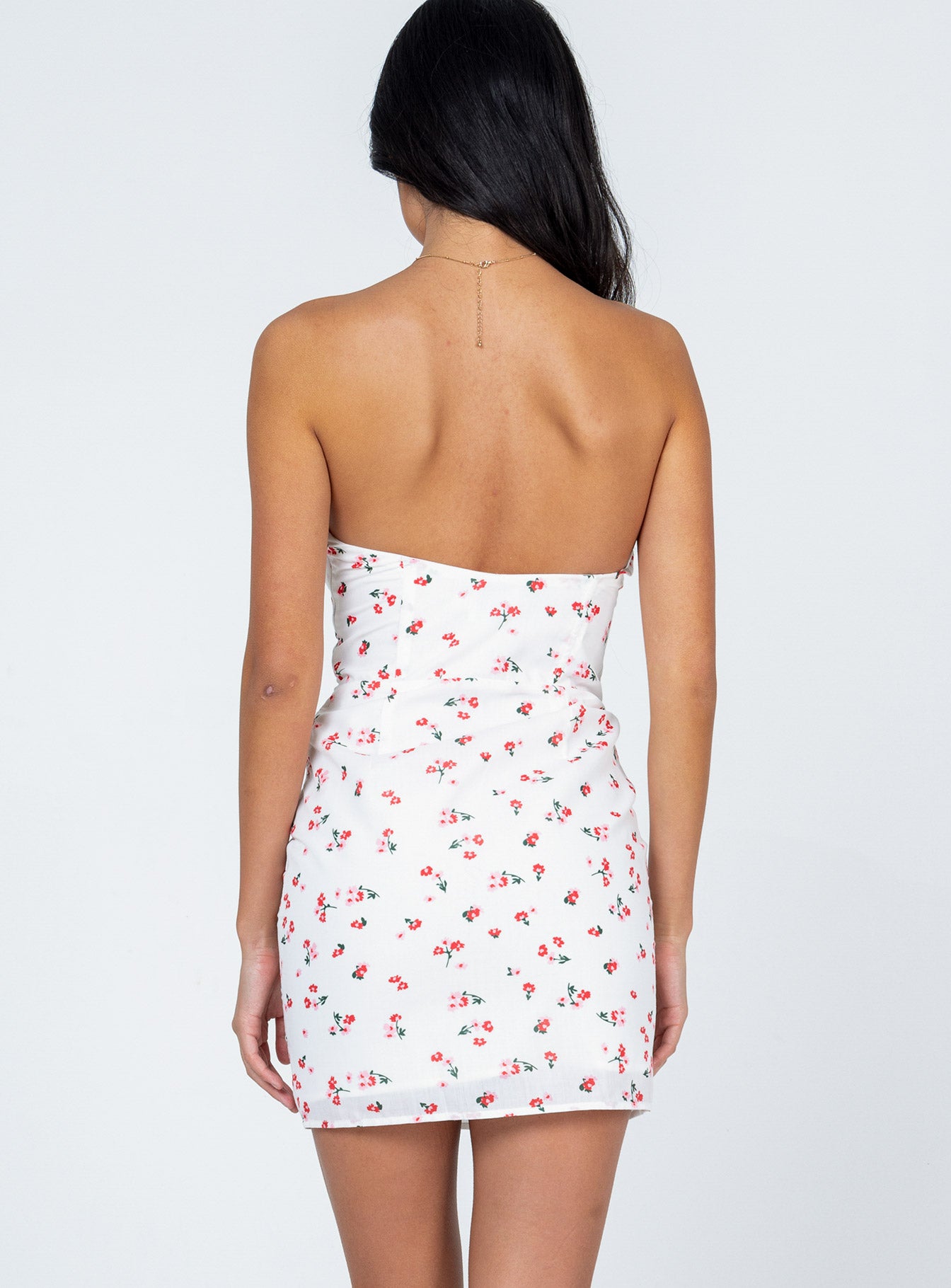back view of model wearing Princess Polly Ivy Corset Mini Dress White Floral 