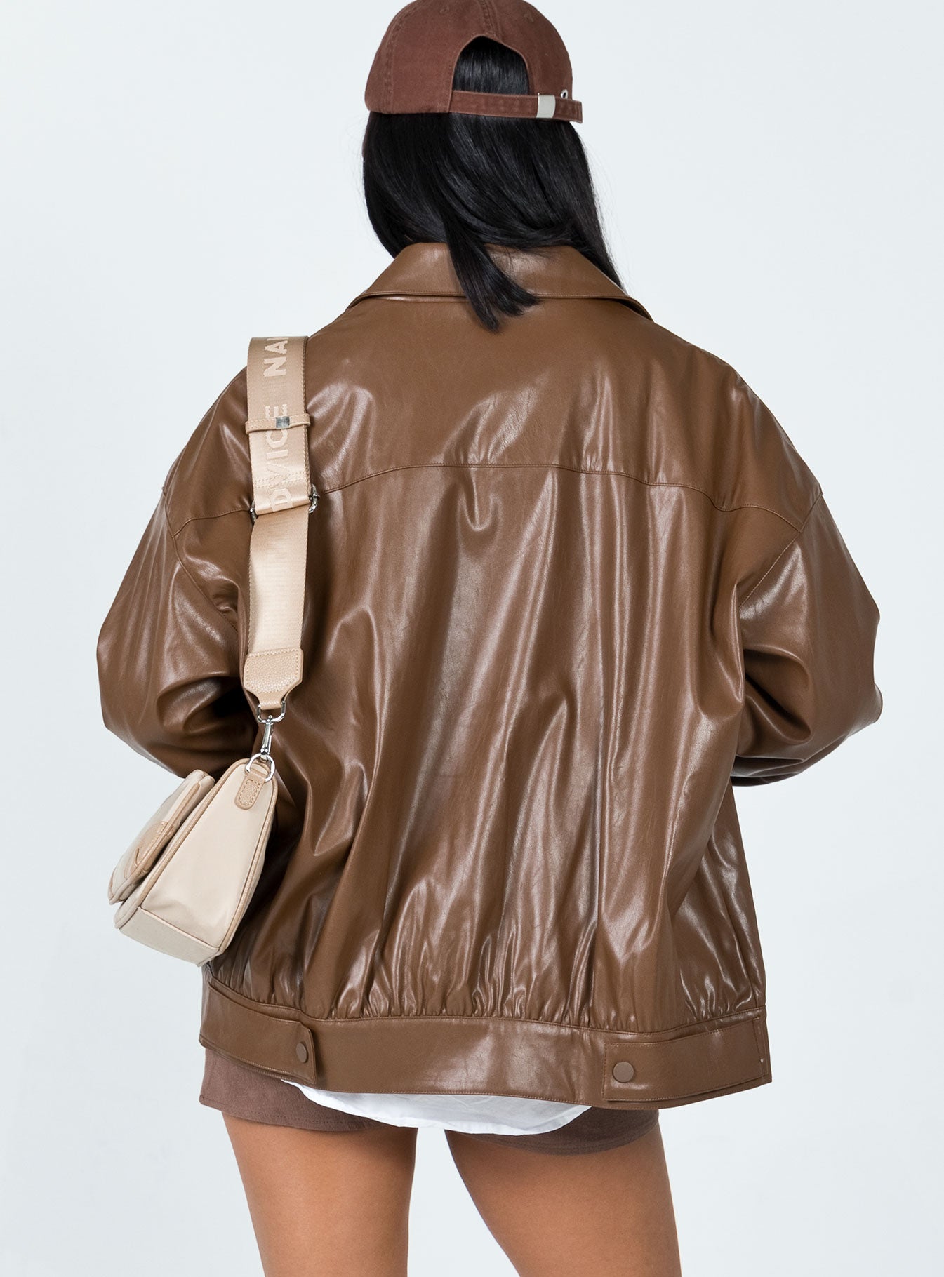 Rach Faux Leather Oversized Bomber Jacket Brown