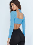 back view of model wearing Princess Polly Loriella Ring Detail Long Sleeve Top Blue 