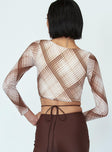 back view of model wearing Princess Polly Lucille Long Sleeve Top Brown Check 