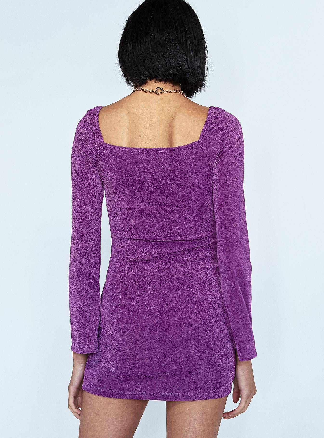 back view of model wearing Princess Polly Starlight Mini Dress Purple 