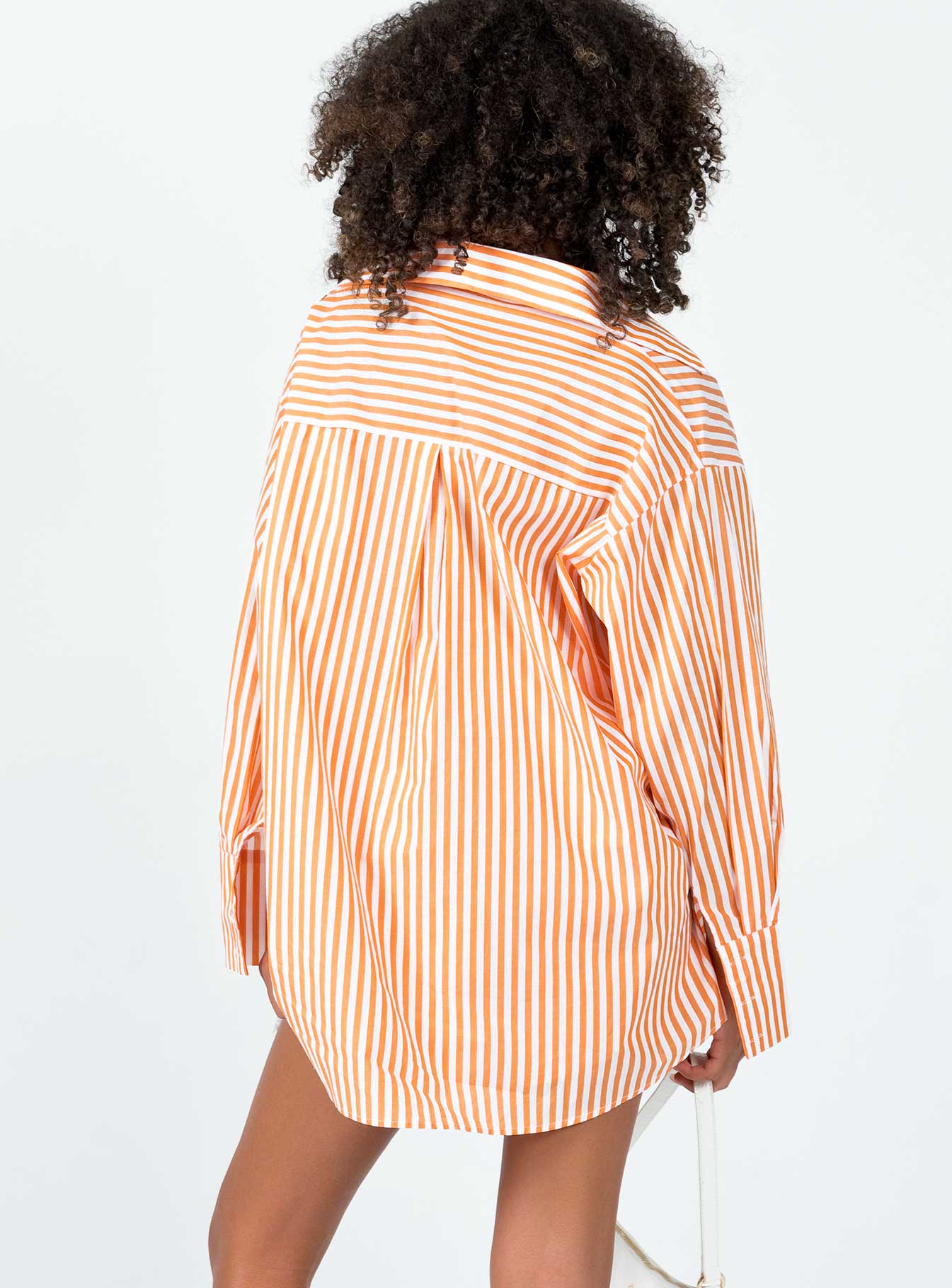 back view of model wearing Princess Polly Boyfriend Shirt Orange Full Sleeves 