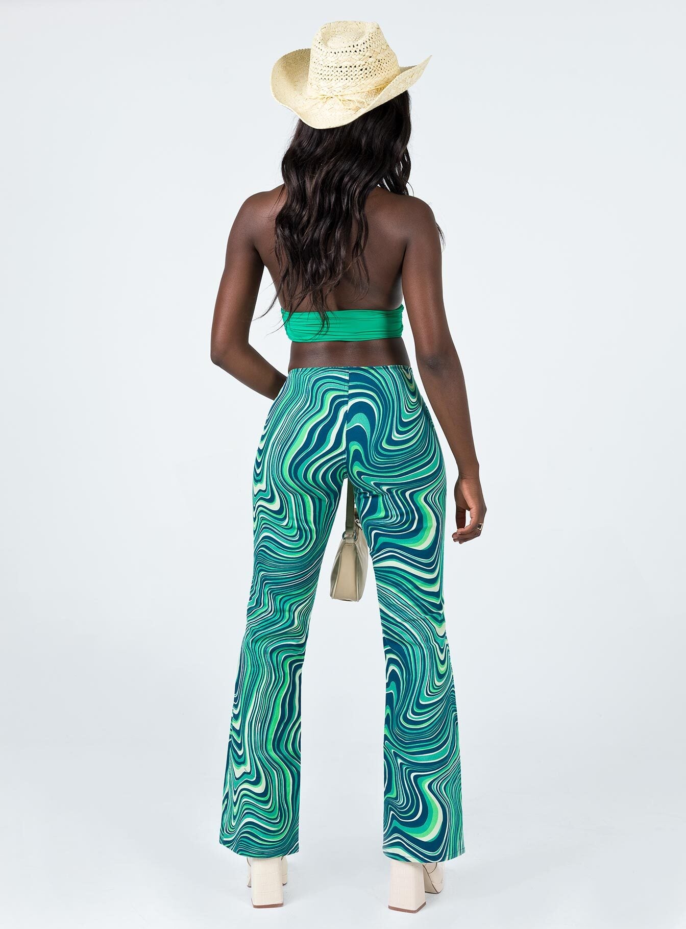 back view of model wearing Princess Polly Motel Coban Trouser 70s Ripple Green 