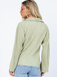 back view of model wearing Princess Polly Louie Pleated Shirt Sage Full Sleeves V-Neck 