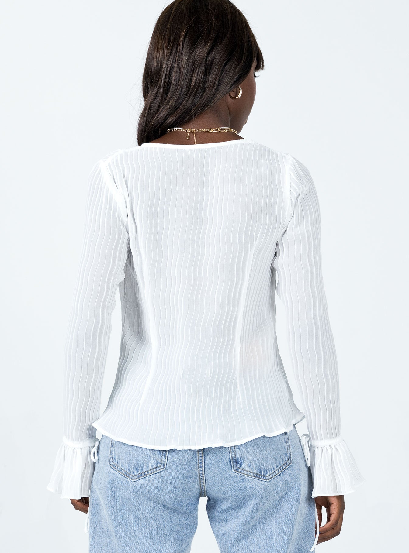 back view of model wearing Princess Polly Brody Long Sleeve Top White 