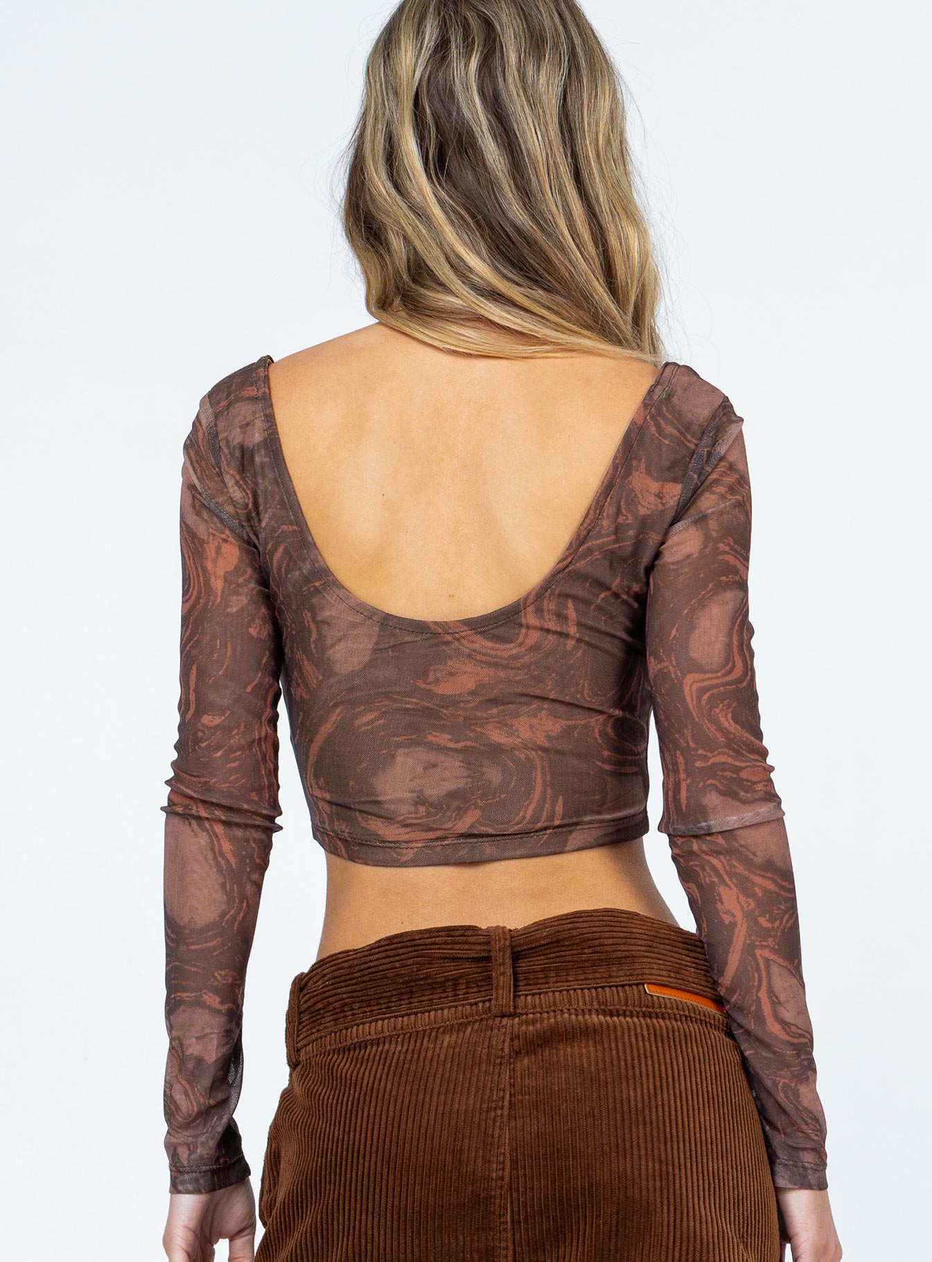 back view of model wearing Princess Polly Marilla Long Sleeve Top Brown 